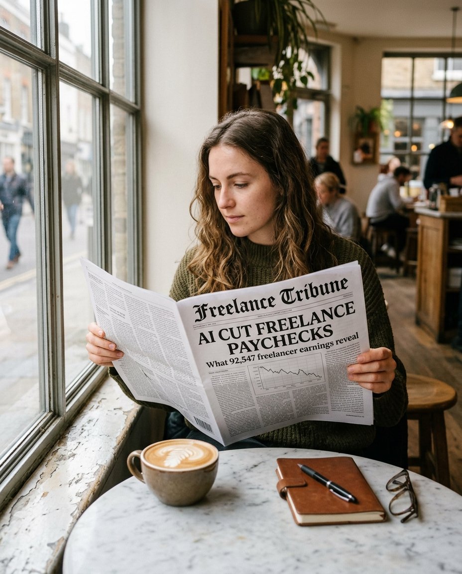 A freelancer reading the Freelance Tribune newspaper — front page headline: AI Cut Freelance Paychecks, what 92,547 freelancer earnings reveal
