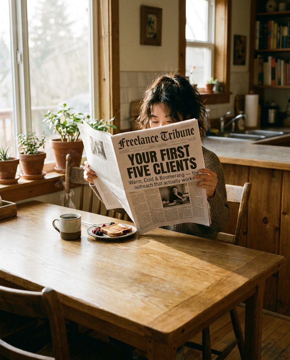 A freelancer reading the Freelance Tribune newspaper — front page headline: Your First Five Clients, Warm, Cold and Boomerang outreach