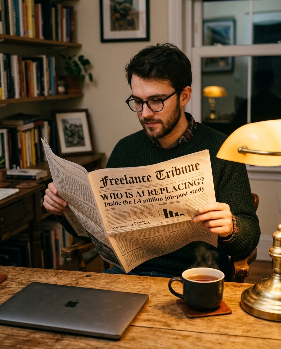 A freelancer reading the Freelance Tribune newspaper — front page headline: Who Is AI Replacing? Inside the 1.4 million job-post study